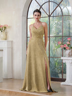 Robe de bal élégante longue en soie brillante, coupe évasée en A, col en V, dos nu, fendue sur le côté, robe de fête avec poche