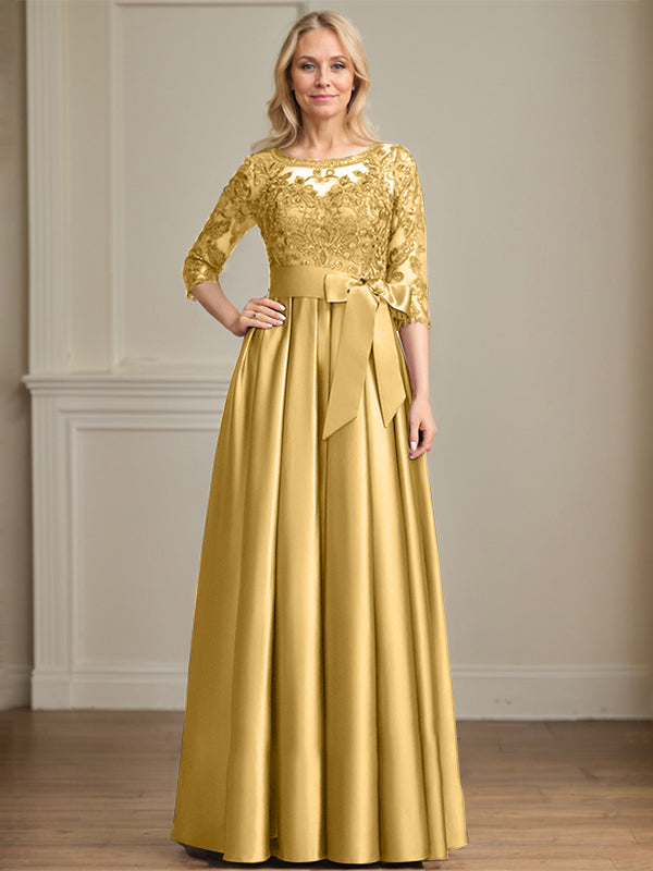 A-Linie, U-Ausschnitt, Illusion, bodenlanges Satin-Spitzenkleid für die Brautmutter mit Paillettenschleife 
