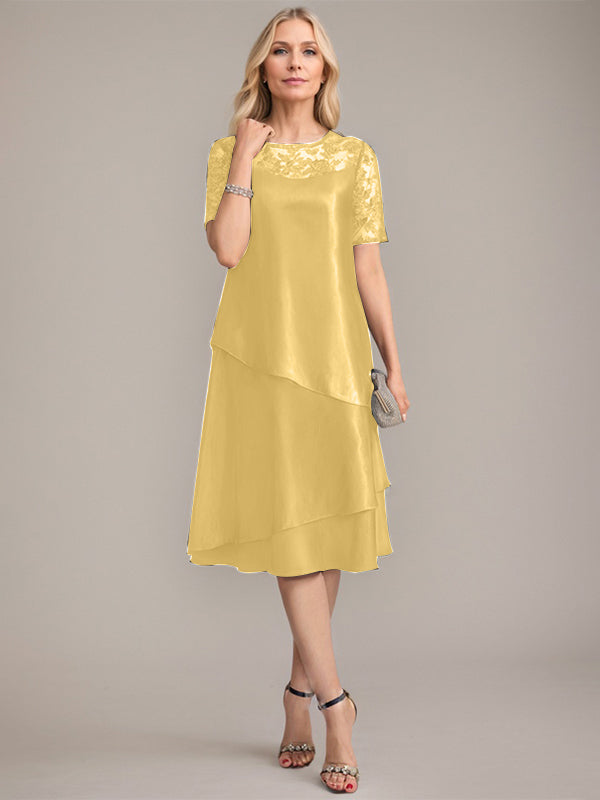 A-Linie, U-Ausschnitt, knielanges Kleid für die Brautmutter mit Applikationen und Pailletten 