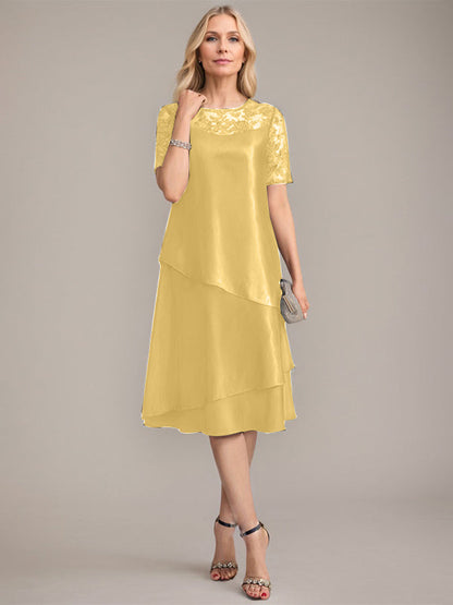 A-Linie, U-Ausschnitt, knielanges Kleid für die Brautmutter mit Applikationen und Pailletten 