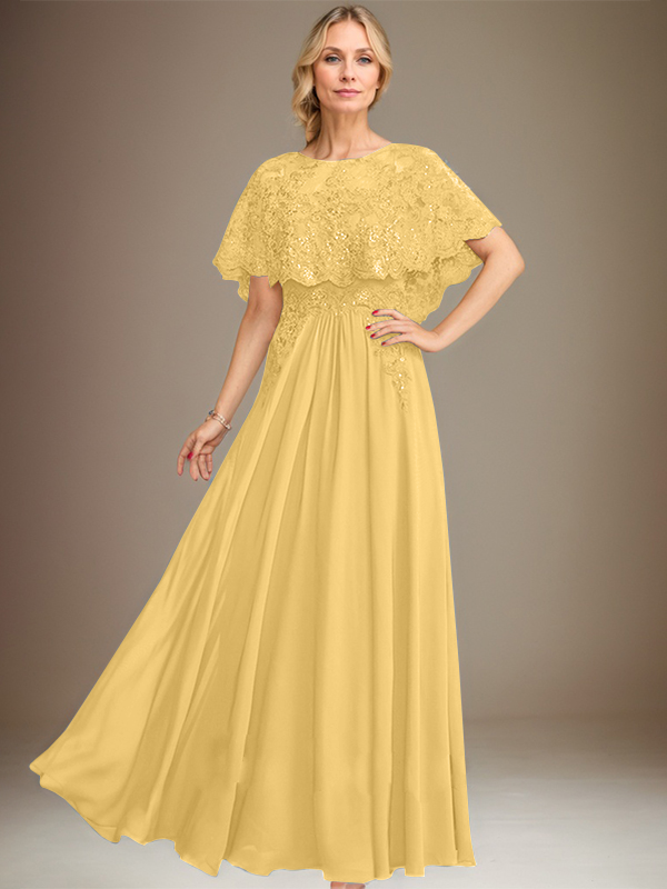 Robe de mère de la mariée en mousseline de soie à dentelle, longueur au sol, en ligne A, col bateau, ornée d'appliques à paillettes