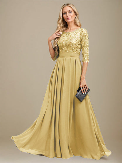 A-Linie U-Ausschnitt Bodenlang Spitzen-Chiffon-Kleid für die Brautmutter mit Paillettenapplikation 
