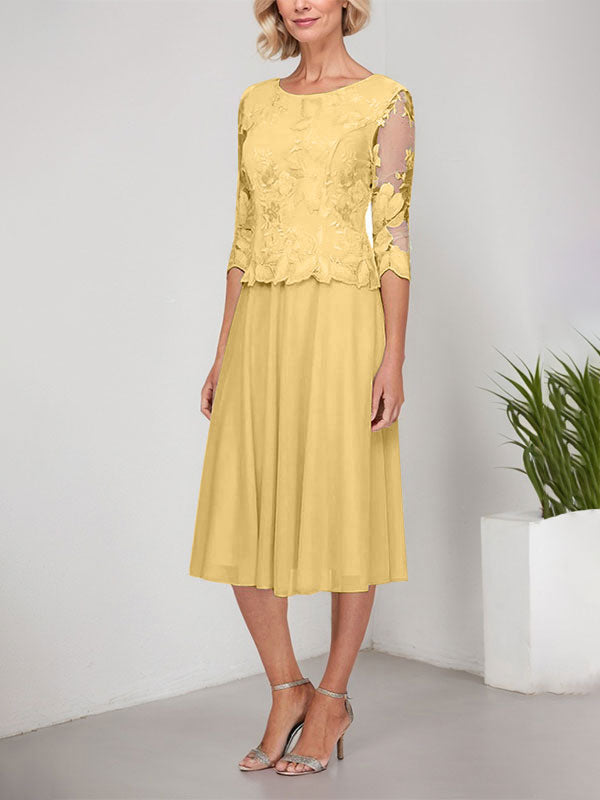 A-Linie U-Ausschnitt Wadenlang Spitzen Chiffon Mutter der Braut Kleid mit Stickerei 