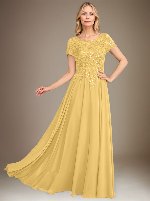Robe de mère de la mariée en mousseline, longueur au sol, coupe en A, décolleté arrondi, ornée d'appliques et de paillettes