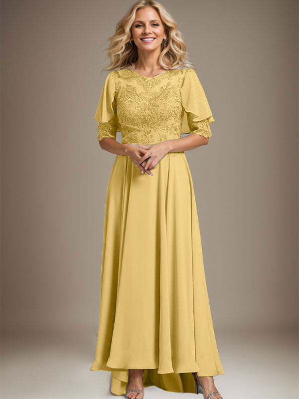 Robe de mère de la mariée en mousseline et dentelle asymétrique à encolure dégagée en ligne A avec perles