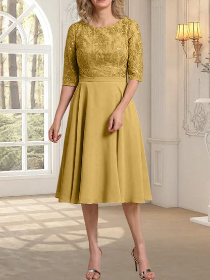 A-Linie U-Ausschnitt Knielang Chiffon Spitzenkleid für die Brautmutter