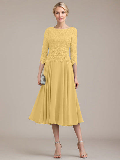 A-Linie U-Ausschnitt Wadenlang Chiffon-Kleid für die Brautmutter 