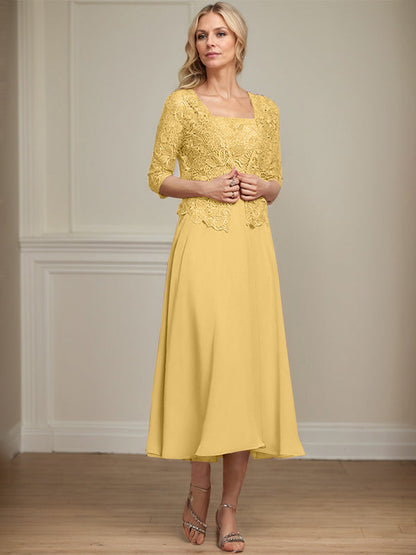 A-Linie Quadratisches Wadenlanges Chiffon-Spitzenkleid für die Brautmutter mit Pailletten und Perlen 