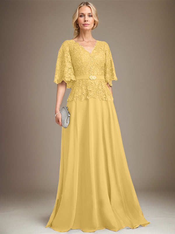 A-Linie V-Ausschnitt Bodenlang Chiffon Spitze Mutter der Braut Kleid Mit Kristall Brosche Strass 
