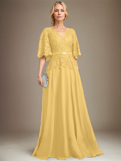 A-Linie V-Ausschnitt Bodenlang Chiffon Spitze Mutter der Braut Kleid Mit Kristall Brosche Strass 