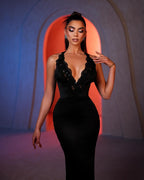 Vestido de Baile Preto Deslumbrante com Decote em V, Sem Mangas e Renda em Coluna