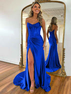 Emerald Green Mermaid Strapless Corset Beaded Prom Dress With Slit And Ruched Waist