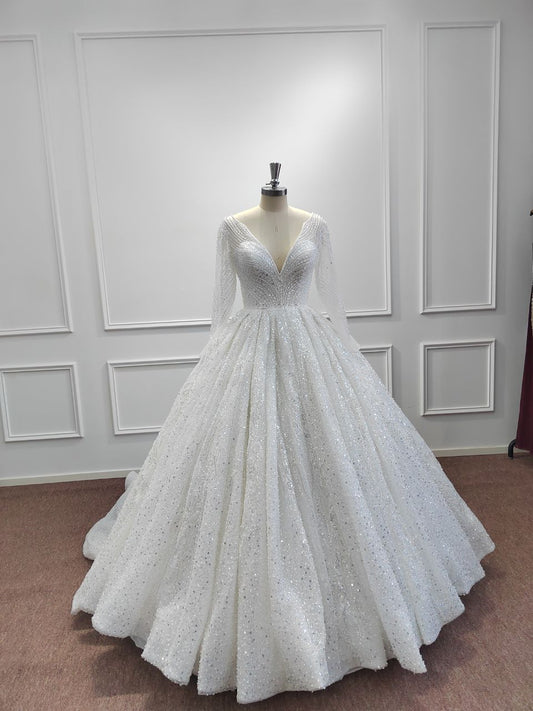 Wunderschönes langes Ballkleid mit V-Ausschnitt, Glitzer-Pailletten und Ärmeln