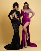 Splendido abito lungo nero da sirena con collo alto e maniche lunghe per cerimonia