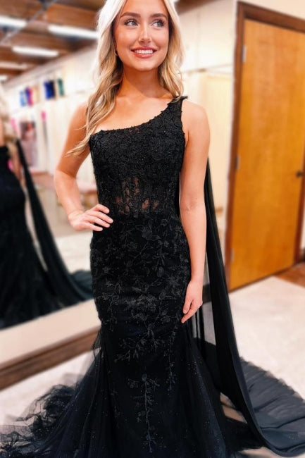 Gorgeous Long Black One Shoulder Mermaid Glitter Prom Dress With Lace