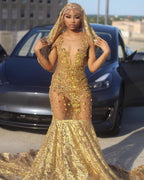 Splendido Abito Lungo Dorato da Sirena in Pizzo Senza Maniche, Sexy, per Ballo di Fine Anno