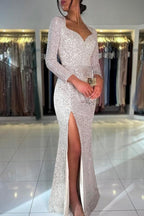 Vestido de Baile Comprido com Cauda de Sereia, Mangas Compridas com Lantejoulas e Fenda