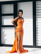 Orange Strapless Mermaid Sequin Prom Dress With Slit