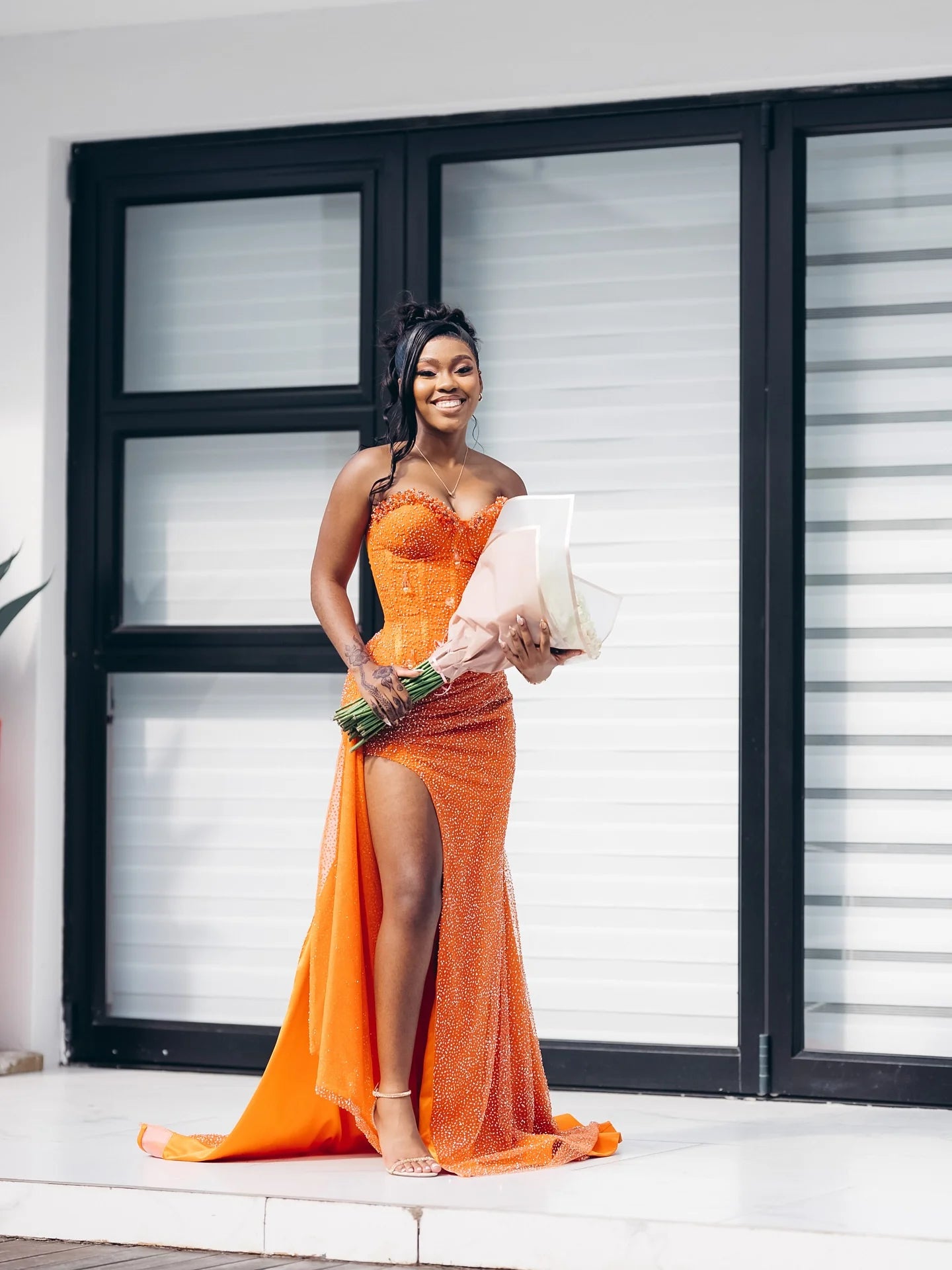 Orange Strapless Mermaid Sequin Prom Dress With Slit