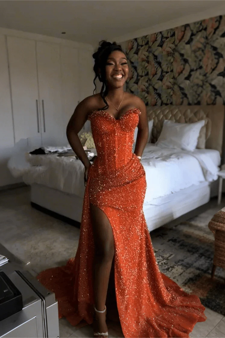 Orange Strapless Mermaid Sequin Prom Dress With Slit