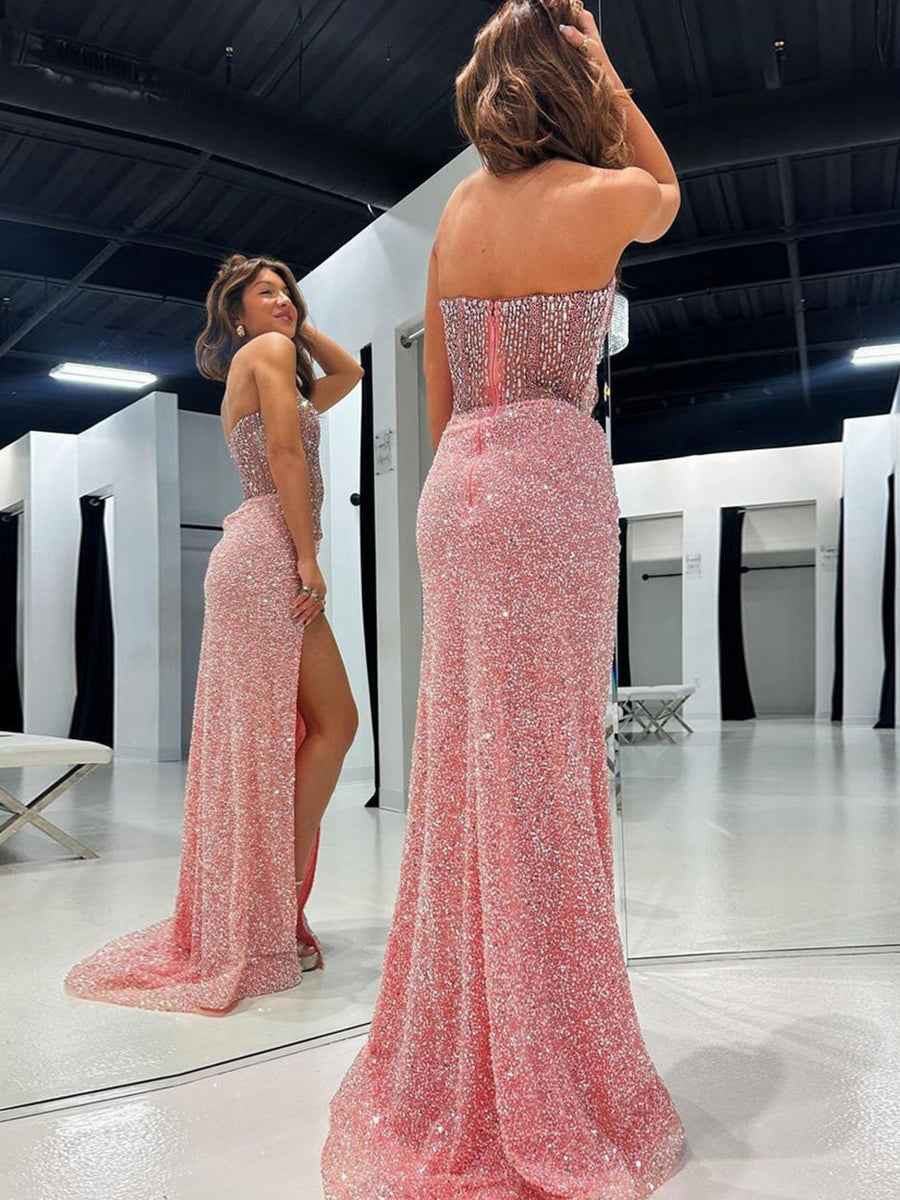 Champagne Strapless Mermaid Prom Dress With Slit And Sparkling Embellishments