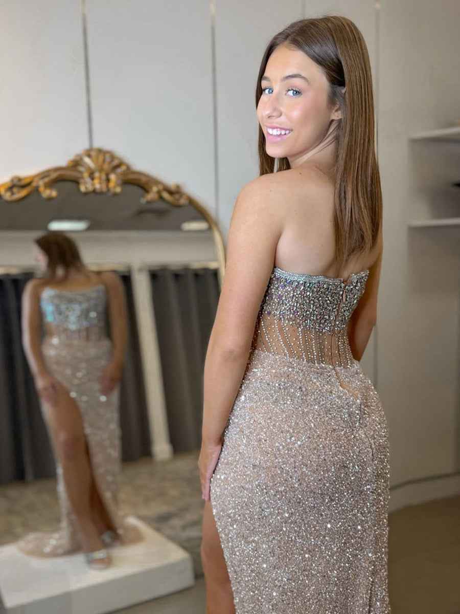 Champagne Strapless Mermaid Prom Dress With Slit And Sparkling Embellishments