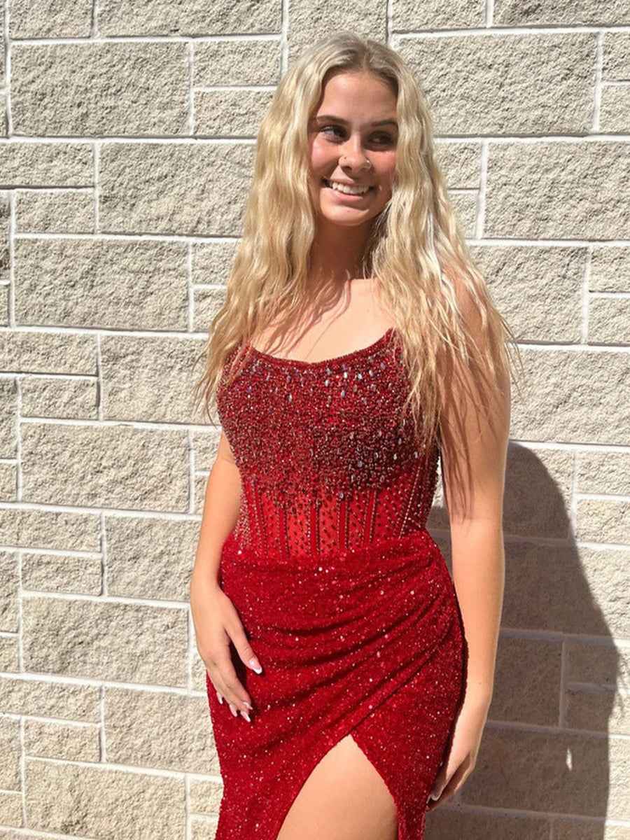 Champagne Strapless Mermaid Prom Dress With Slit And Sparkling Embellishments