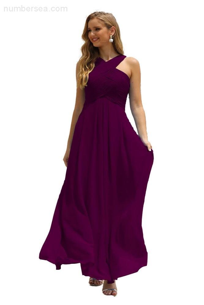Vestido de Dama de Honra Halter em Chiffon para Mulher, Modelo A-Line, Longo, Formal, para Baile de Finalistas SEA28015