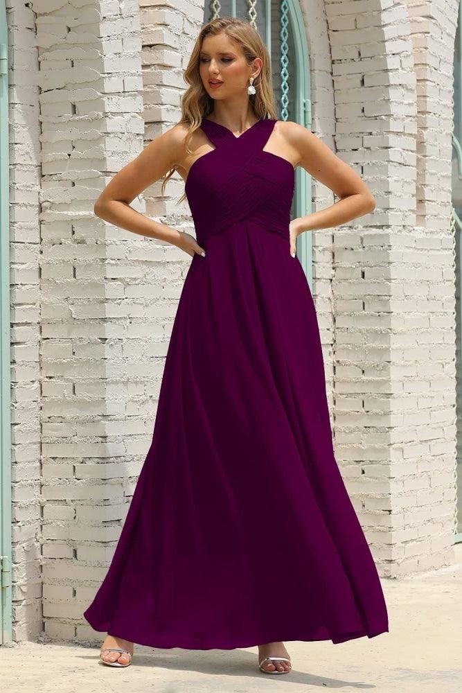 Vestido de Dama de Honra Halter em Chiffon para Mulher, Modelo A-Line, Longo, Formal, para Baile de Finalistas SEA28015