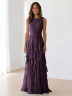 Sky Blue Tiered Chiffon Evening Maxi Dress With Ruched Bodice