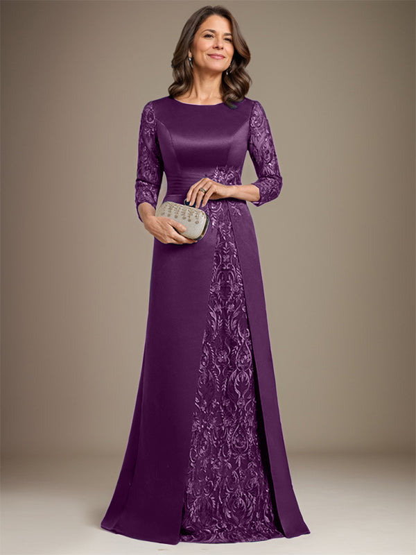 A-Line Scoop Floor-Length Lace Satin Mother Of the Bride Dress With Applique