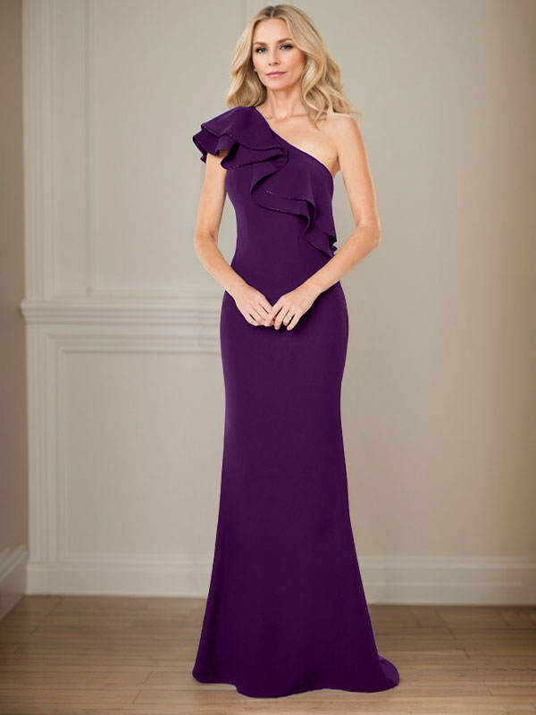 Robe de mère de la mariée en mousseline, longueur au sol, coupe en A, à une épaule avec volants
