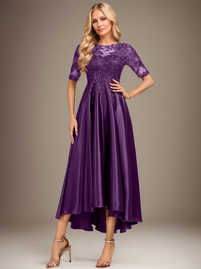 A-Linie, U-Ausschnitt, Illusion, asymmetrisch, Stretch-Satin, Spitze, Kleid für die Brautmutter mit Pailletten 