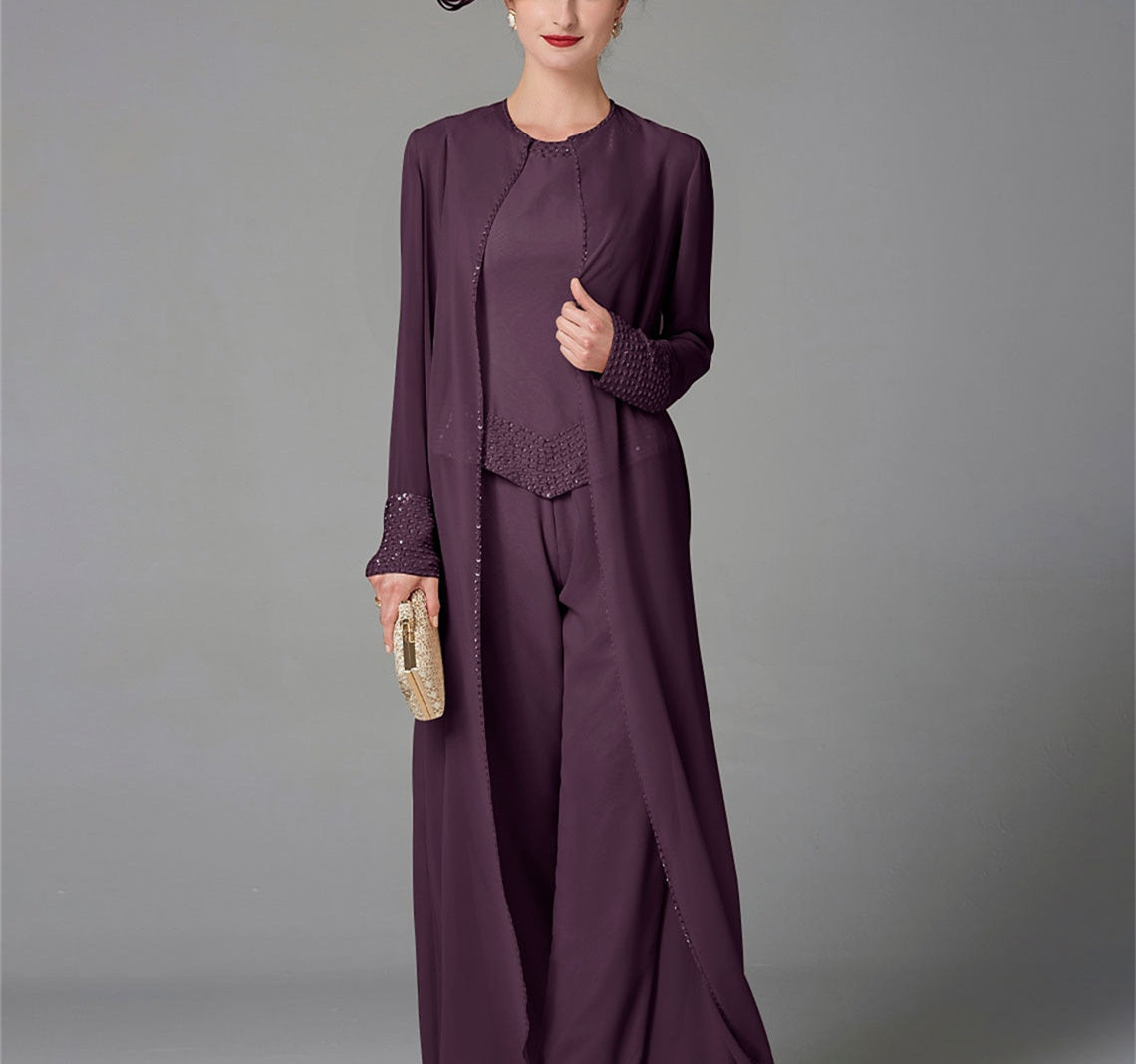Mother Of The Bride Pantsuit With Jacket And Sequins Long Sleeve Chiffon