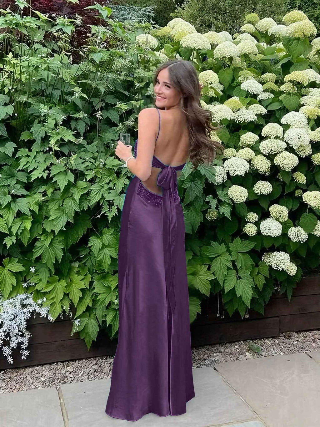 Blue A Line V Neck Beaded Back Tie Long Prom Dress