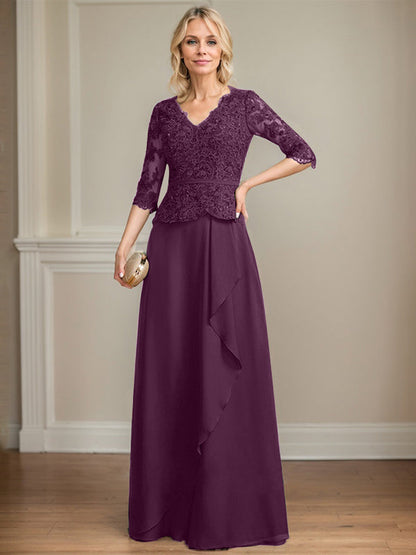 Vestido de madre de la novia de gasa con encaje, escote en V, largo hasta el suelo, con volantes en cascada y lentejuelas 