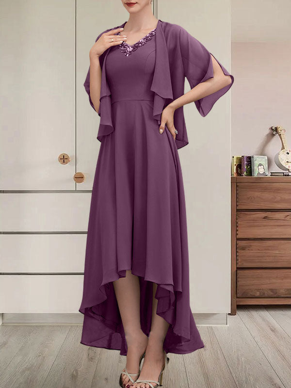 Vestido de gasa asimétrico para madre de la novia con escote en V, corte A y lentejuelas con abalorios