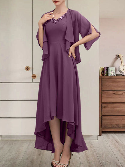 Vestido de gasa asimétrico para madre de la novia con escote en V, corte A y lentejuelas con abalorios