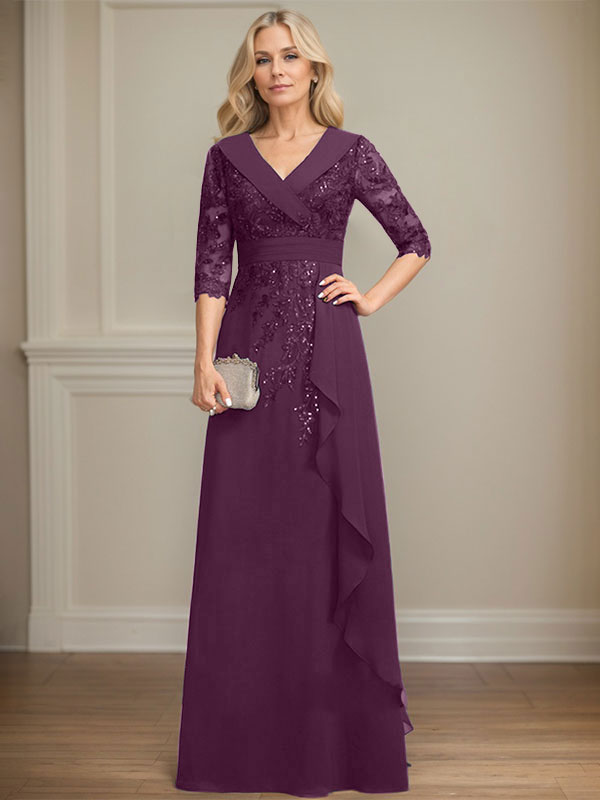 Robe de mère de la mariée en mousseline de soie à col en V, longueur au sol, ligne A, avec dentelle, paillettes et volants en cascade
