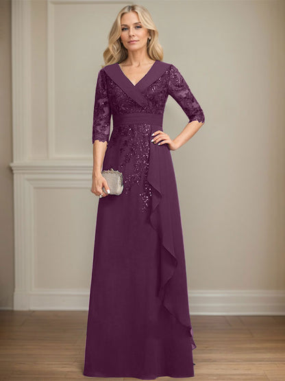 Vestido de madre de la novia de gasa con encaje, escote en V, corte A y largo hasta el suelo, con lentejuelas y volantes en cascada 