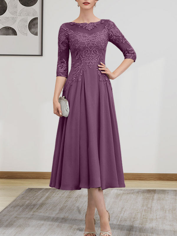 A-Linie, U-Ausschnitt, Illusion, knielang, Chiffon, Spitze, Kleid für die Brautmutter mit Perlen und Pailletten