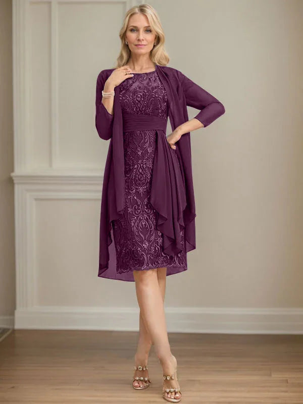 Abito da madre della sposa in pizzo e chiffon con gonna a colonna a effetto illusion fino al ginocchio, con balze a cascata e paillettes