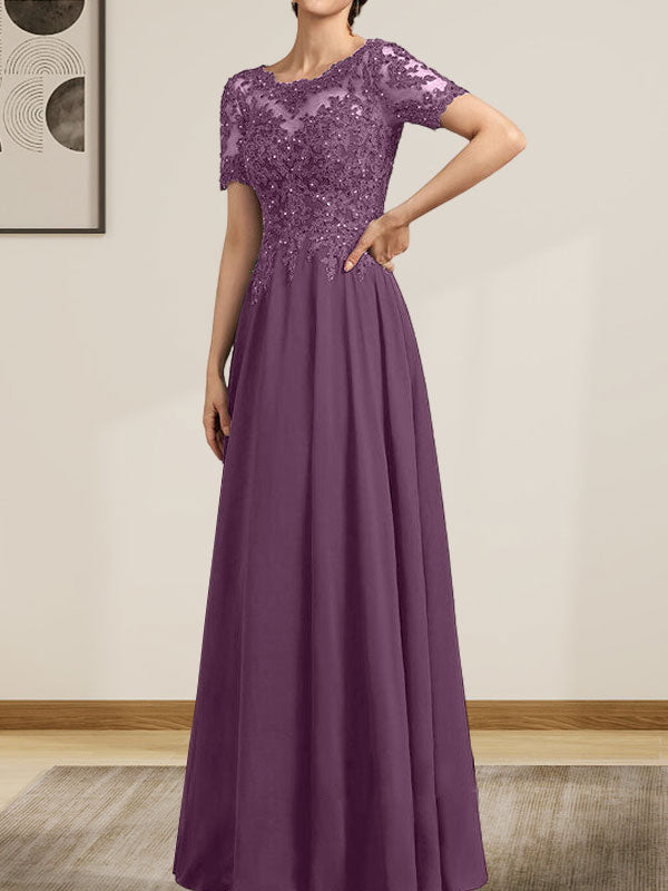 A-Linie U-Ausschnitt Illusion Bodenlang Chiffon Spitze Mutter der Braut Kleid mit Pailletten Perlen