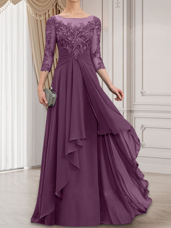 A-Linie, U-Ausschnitt, Illusion, bodenlanges Chiffon-Kleid für die Brautmutter mit kaskadierenden Rüschen
