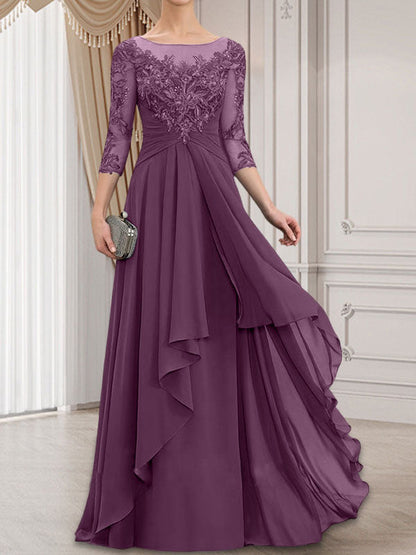 A-Linie, U-Ausschnitt, Illusion, bodenlanges Chiffon-Kleid für die Brautmutter mit kaskadierenden Rüschen