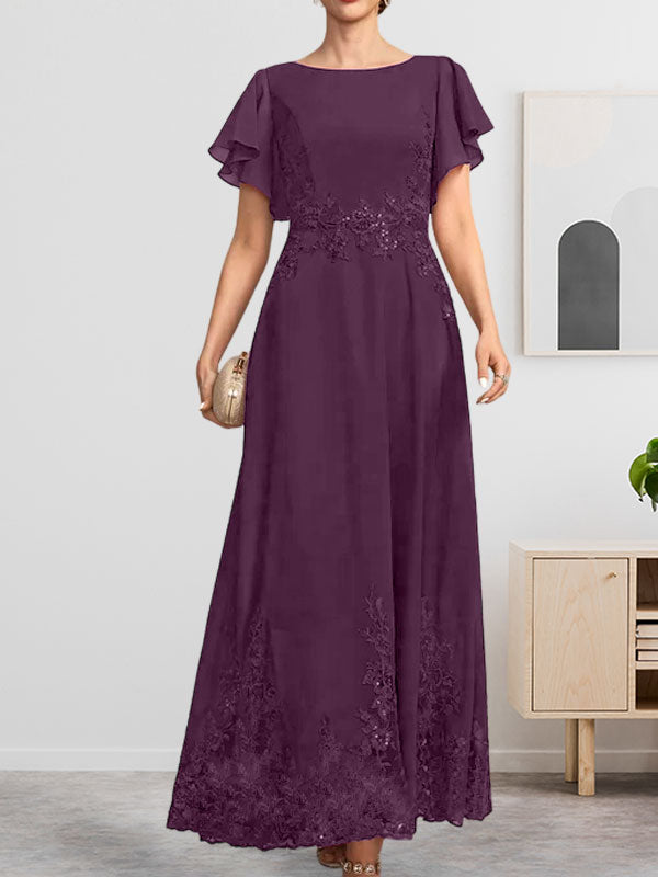 Robe de mère de la mariée en mousseline de soie à dentelle, longueur cheville, en forme trapèze avec décolleté arrondi et paillettes