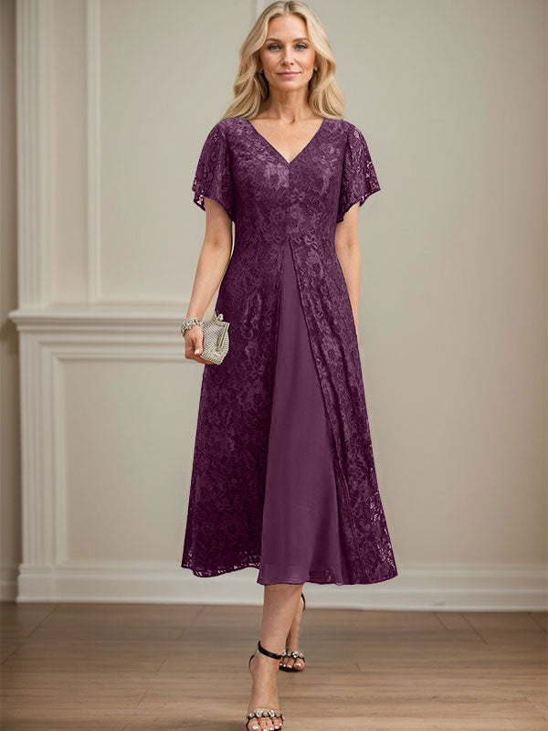 A-Linie V-Ausschnitt Wadenlanges Chiffon-Kleid für die Brautmutter 