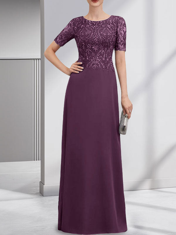 Robe de mère de la mariée en dentelle et mousseline, longueur au sol, en ligne A, décolleté en U, ornée de paillettes