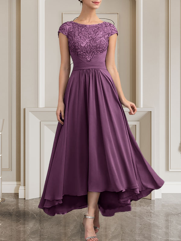 A-Linie U-Ausschnitt Bodenlang Spitzen-Chiffon-Kleid für die Brautmutter mit Pailletten