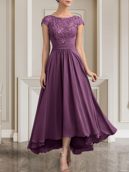 A-Linie U-Ausschnitt Bodenlang Spitzen-Chiffon-Kleid für die Brautmutter mit Pailletten